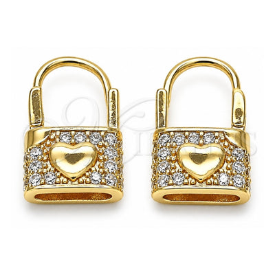 Oro Laminado Huggie Hoop, Gold Filled Style Lock and Heart Design, with White Cubic Zirconia, Polished, Golden Finish, 02.210.0525.10
