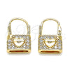 Oro Laminado Huggie Hoop, Gold Filled Style Lock and Heart Design, with White Cubic Zirconia, Polished, Golden Finish, 02.210.0525.10