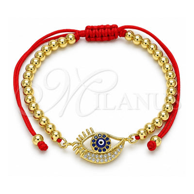 Oro Laminado Adjustable Bolo Bracelet, Gold Filled Style Evil Eye and Ball Design, with Sapphire Blue and White Micro Pave, Blue Enamel Finish, Golden Finish, 03.368.0039.11 (04 MM Thickness, 11 Inches Length)