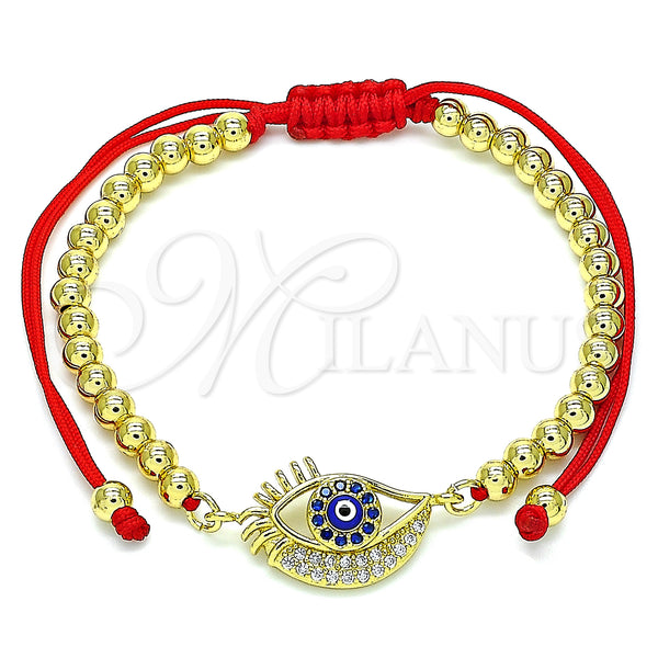 Oro Laminado Adjustable Bolo Bracelet, Gold Filled Style Evil Eye and Ball Design, with Sapphire Blue and White Micro Pave, Blue Enamel Finish, Golden Finish, 03.368.0039.11 (04 MM Thickness, 11 Inches Length)