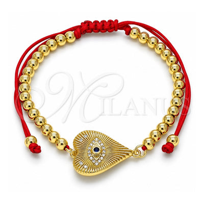 Oro Laminado Adjustable Bolo Bracelet, Gold Filled Style Evil Eye and Heart Design, with Sapphire Blue and White Micro Pave, Polished, Golden Finish, 03.368.0041.11 (04 MM Thickness, 11 Inches Length)