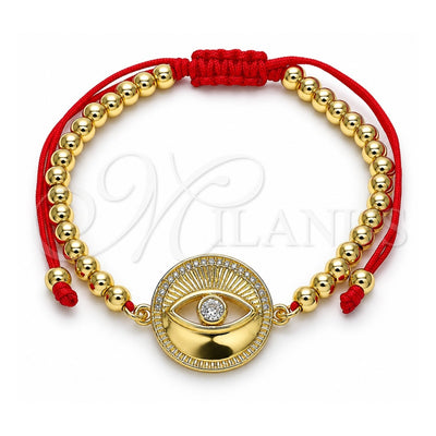 Oro Laminado Adjustable Bolo Bracelet, Gold Filled Style Evil Eye and Ball Design, with White Micro Pave and White Cubic Zirconia, Polished, Golden Finish, 03.368.0042.11 (04 MM Thickness, 11 Inches Length)