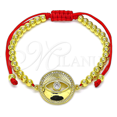 Oro Laminado Adjustable Bolo Bracelet, Gold Filled Style Evil Eye and Ball Design, with White Micro Pave and White Cubic Zirconia, Polished, Golden Finish, 03.368.0042.11 (04 MM Thickness, 11 Inches Length)