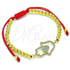 Oro Laminado Adjustable Bolo Bracelet, Gold Filled Style Hand of God and Ball Design, with Turquoise and White Micro Pave, Polished, Golden Finish, 03.368.0043.10 (04 MM Thickness, 10 Inches Length)