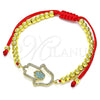 Oro Laminado Adjustable Bolo Bracelet, Gold Filled Style Hand of God and Ball Design, with Turquoise and White Micro Pave, Polished, Golden Finish, 03.368.0043.10 (04 MM Thickness, 10 Inches Length)