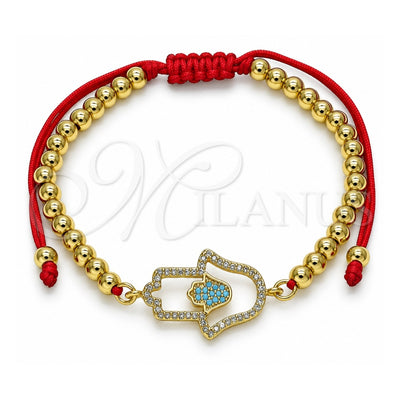 Oro Laminado Adjustable Bolo Bracelet, Gold Filled Style Hand of God and Ball Design, with Turquoise and White Micro Pave, Polished, Golden Finish, 03.368.0043.10 (04 MM Thickness, 10 Inches Length)
