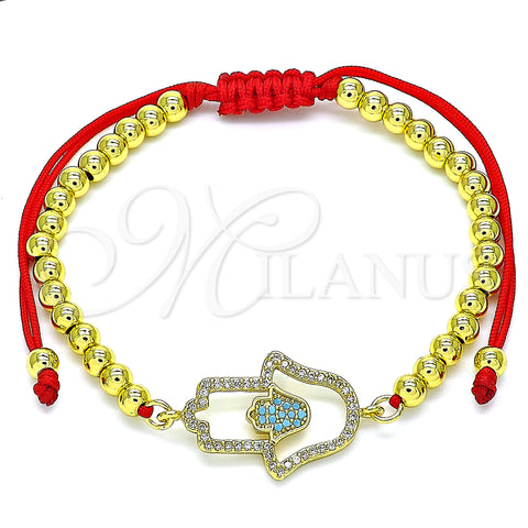 Oro Laminado Adjustable Bolo Bracelet, Gold Filled Style Hand of God and Ball Design, with Turquoise and White Micro Pave, Polished, Golden Finish, 03.368.0043.10 (04 MM Thickness, 10 Inches Length)