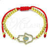 Oro Laminado Adjustable Bolo Bracelet, Gold Filled Style Hand of God and Ball Design, with Turquoise and White Micro Pave, Polished, Golden Finish, 03.368.0043.10 (04 MM Thickness, 10 Inches Length)