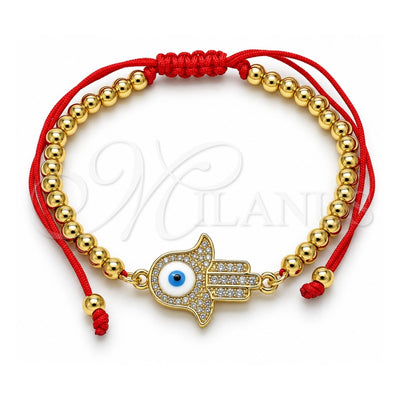 Oro Laminado Adjustable Bolo Bracelet, Gold Filled Style Judaica and Hand of God Design, with White Micro Pave, White Enamel Finish, Golden Finish, 03.368.0044.11 (04 MM Thickness, 11 Inches Length)