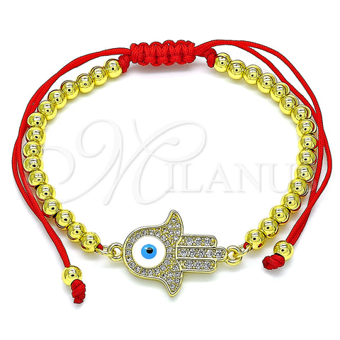 Oro Laminado Adjustable Bolo Bracelet, Gold Filled Style Hand of God and Ball Design, with White Micro Pave, White Enamel Finish, Golden Finish, 03.368.0044.11 (04 MM Thickness, 11 Inches Length)