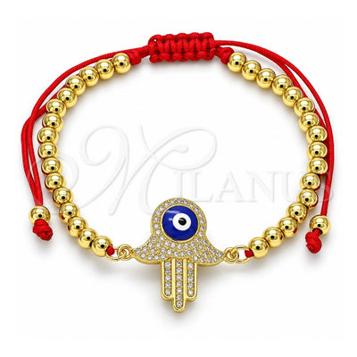 Oro Laminado Adjustable Bolo Bracelet, Gold Filled Style Judaica and Hand of God Design, with White Micro Pave, Blue Enamel Finish, Golden Finish, 03.368.0045.11 (04 MM Thickness, 11 Inches Length)