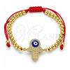 Oro Laminado Adjustable Bolo Bracelet, Gold Filled Style Judaica and Hand of God Design, with White Micro Pave, Blue Enamel Finish, Golden Finish, 03.368.0045.11 (04 MM Thickness, 11 Inches Length)