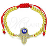 Oro Laminado Adjustable Bolo Bracelet, Gold Filled Style Hand of God and Ball Design, with White Micro Pave, Blue Enamel Finish, Golden Finish, 03.368.0045.11 (04 MM Thickness, 11 Inches Length)