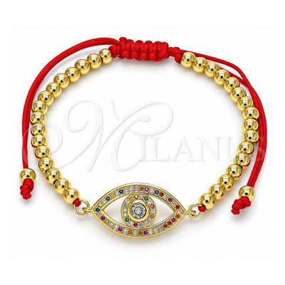 Oro Laminado Adjustable Bolo Bracelet, Gold Filled Style Evil Eye and Ball Design, with Multicolor Micro Pave and White Cubic Zirconia, Polished, Golden Finish, 03.368.0046.11 (04 MM Thickness, 11 Inches Length)