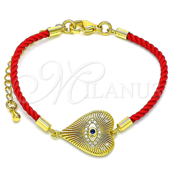 Oro Laminado Fancy Bracelet, Gold Filled Style Evil Eye and Heart Design, with White Micro Pave and Sapphire Blue Cubic Zirconia, Polished, Golden Finish, 03.368.0053.06 (02 MM Thickness, 6 Inches Length)