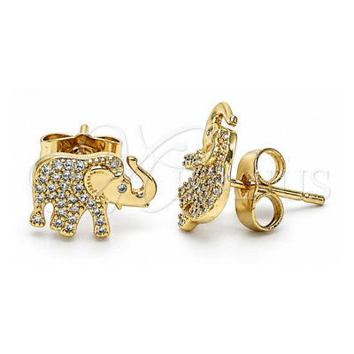 Oro Laminado Stud Earring, Gold Filled Style Elephant Design, with White Micro Pave, Polished, Golden Finish, 02.344.0088