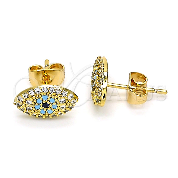 Oro Laminado Stud Earring, Gold Filled Style Evil Eye Design, with Turquoise and White Micro Pave, Polished, Golden Finish, 02.344.0095