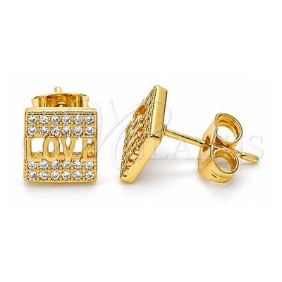 Oro Laminado Stud Earring, Gold Filled Style Love Design, with White Micro Pave, Polished, Golden Finish, 02.344.0096