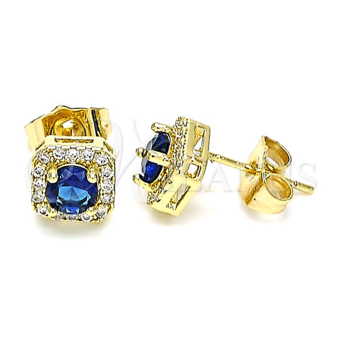 Oro Laminado Stud Earring, Gold Filled Style Cluster Design, with Sapphire Blue Cubic Zirconia and White Micro Pave, Polished, Golden Finish, 02.344.0101