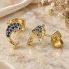 Oro Laminado Stud Earring, Gold Filled Style Dolphin Design, with Sapphire Blue Micro Pave, Polished, Golden Finish, 02.344.0064.3