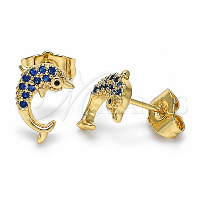 Oro Laminado Stud Earring, Gold Filled Style Dolphin Design, with Sapphire Blue Micro Pave, Polished, Golden Finish, 02.344.0064.3