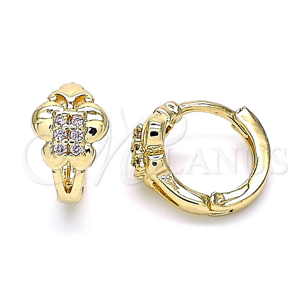 Gold Filled Hoop Earrings — Huggie Hoop Butterfly Design with Pink Micro Pave — main product view — SKU 143591 | Oro Laminado aretes de aro — Huggie Hoop Butterfly diseño with Pink Micro Pave — SKU 143591