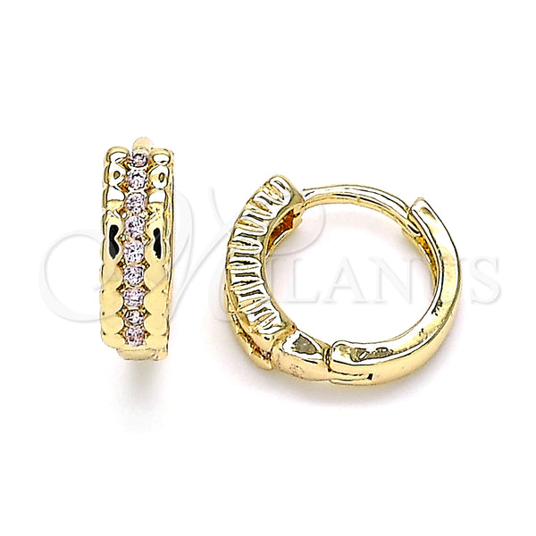 Gold Filled Hoop Earrings — Huggie Hoop with Pink Micro Pave Polished 02. — main product view — SKU 143594 | Oro Laminado aretes de aro — Huggie Hoop with Pink Micro Pave pulido 02. — SKU 143594