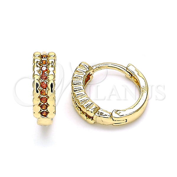 Gold Filled Hoop Earrings — Huggie Hoop with Garnet Micro Pave Polished 02. — main product view — SKU 143595 | Oro Laminado aretes de aro — Huggie Hoop with Garnet Micro Pave pulido 02. — SKU 143595