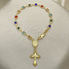 Oro Laminado Bracelet Rosary, Gold Filled Style Guadalupe and Crucifix Design, with Multicolor Crystal, Polished, Golden Finish, 09.326.0002.08