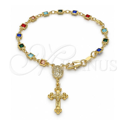 Oro Laminado Bracelet Rosary, Gold Filled Style Guadalupe and Crucifix Design, with Multicolor Crystal, Polished, Golden Finish, 09.326.0002.08