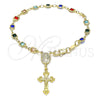 Oro Laminado Bracelet Rosary, Gold Filled Style Guadalupe and Crucifix Design, with Multicolor Crystal, Polished, Golden Finish, 09.326.0002.08