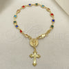 Oro Laminado Bracelet Rosary, Gold Filled Style Divino NiÃ±o and Crucifix Design, with Multicolor Crystal, Polished, Golden Finish, 09.326.0005.08