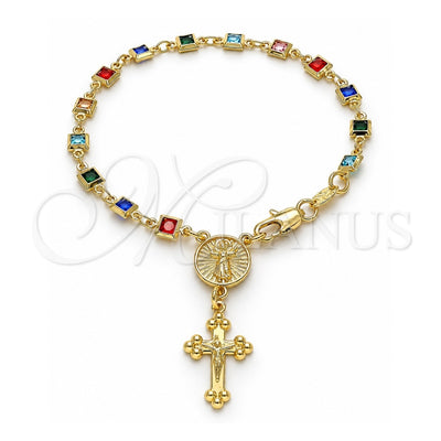 Oro Laminado Bracelet Rosary, Gold Filled Style Divino NiÃ±o and Crucifix Design, with Multicolor Crystal, Polished, Golden Finish, 09.326.0005.08