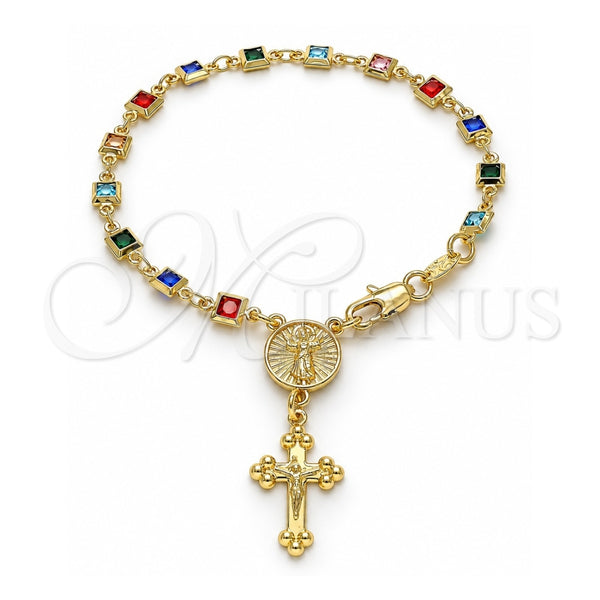 Oro Laminado Bracelet Rosary, Gold Filled Style Divino NiÃ±o and Crucifix Design, with Multicolor Crystal, Polished, Golden Finish, 09.326.0005.08