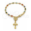 Oro Laminado Bracelet Rosary, Gold Filled Style Divino NiÃ±o and Crucifix Design, with Multicolor Crystal, Polished, Golden Finish, 09.326.0005.08