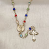 Oro Laminado Medium Rosary, Gold Filled Style Divino NiÃ±o and Crucifix Design, with Multicolor Crystal, Polished, Golden Finish, 09.326.0006.18
