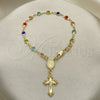 Oro Laminado Bracelet Rosary, Gold Filled Style Guadalupe and Crucifix Design, with Multicolor Crystal, Polished, Golden Finish, 09.326.0001.08