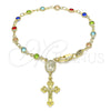 Oro Laminado Bracelet Rosary, Gold Filled Style Guadalupe and Crucifix Design, with Multicolor Crystal, Polished, Golden Finish, 09.326.0001.08