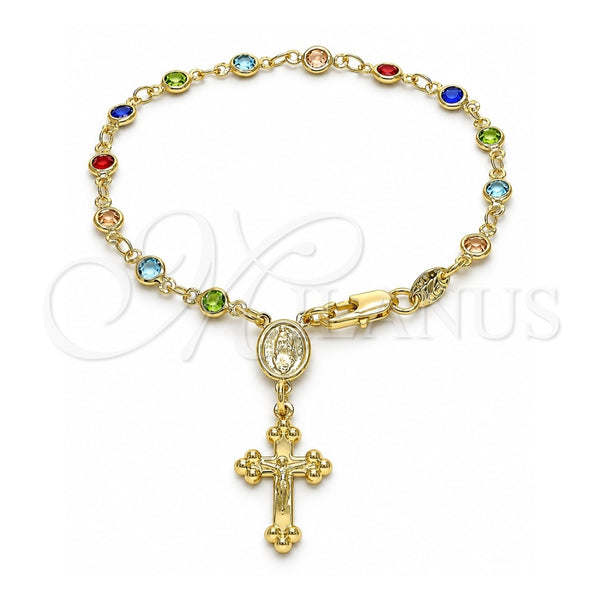 Oro Laminado Bracelet Rosary, Gold Filled Style Guadalupe and Crucifix Design, with Multicolor Crystal, Polished, Golden Finish, 09.326.0001.08