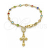 Oro Laminado Bracelet Rosary, Gold Filled Style Guadalupe and Crucifix Design, with Multicolor Crystal, Polished, Golden Finish, 09.326.0001.08