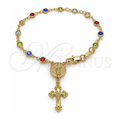 Oro Laminado Bracelet Rosary, Gold Filled Style Divino NiÃ±o and Crucifix Design, with Multicolor Crystal, Polished, Golden Finish, 09.326.0006.08