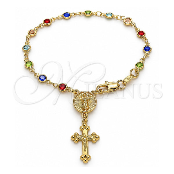 Oro Laminado Bracelet Rosary, Gold Filled Style Divino NiÃ±o and Crucifix Design, with Multicolor Crystal, Polished, Golden Finish, 09.326.0006.08