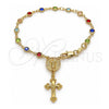 Oro Laminado Bracelet Rosary, Gold Filled Style Divino NiÃ±o and Crucifix Design, with Multicolor Crystal, Polished, Golden Finish, 09.326.0006.08