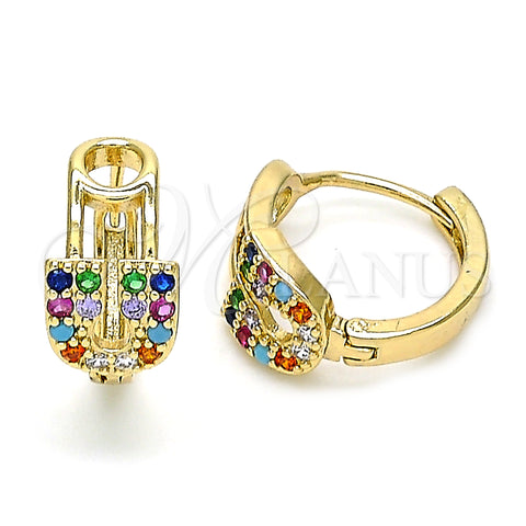 Oro Laminado Huggie Hoop, Gold Filled Style Paperclip Design, with Multicolor Cubic Zirconia, Polished, Golden Finish, 02.210.0526.1.15