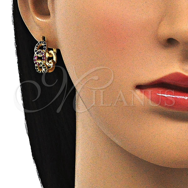 Gold Filled Hoop Earrings — Huggie Hoop Curb Design with Multicolor Cubic Zirconia — alternate product view — SKU 143613 | Oro Laminado aretes de aro — Huggie Hoop Curb diseño with Multicolor Cubic Zirconia — SKU 143613
