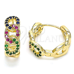 Gold Filled Hoop Earrings — Huggie Hoop Curb Design with Multicolor Cubic Zirconia — main product view — SKU 143613 | Oro Laminado aretes de aro — Huggie Hoop Curb diseño with Multicolor Cubic Zirconia — SKU 143613