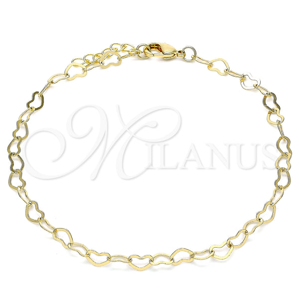 Oro Laminado Basic Anklet, Gold Filled Style Rolo and Heart Design, Polished, Golden Finish, 04.213.0224.10 (04 MM Thickness, 10 Inches Length)