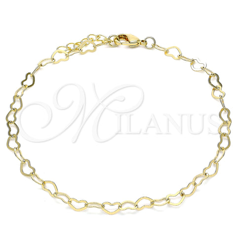 Oro Laminado Basic Anklet, Gold Filled Style Rolo and Heart Design, Polished, Golden Finish, 04.213.0224.10 (04 MM Thickness, 10 Inches Length)