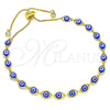 Oro Laminado Adjustable Bolo Bracelet, Gold Filled Style Evil Eye Design, with White Cubic Zirconia, Blue Resin Finish, Golden Finish, 03.386.0006.11 (01 MM Thickness, 11 Inches Length)