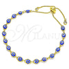 Oro Laminado Adjustable Bolo Bracelet, Gold Filled Style Evil Eye Design, with White Cubic Zirconia, Blue Resin Finish, Golden Finish, 03.386.0006.11 (01 MM Thickness, 11 Inches Length)